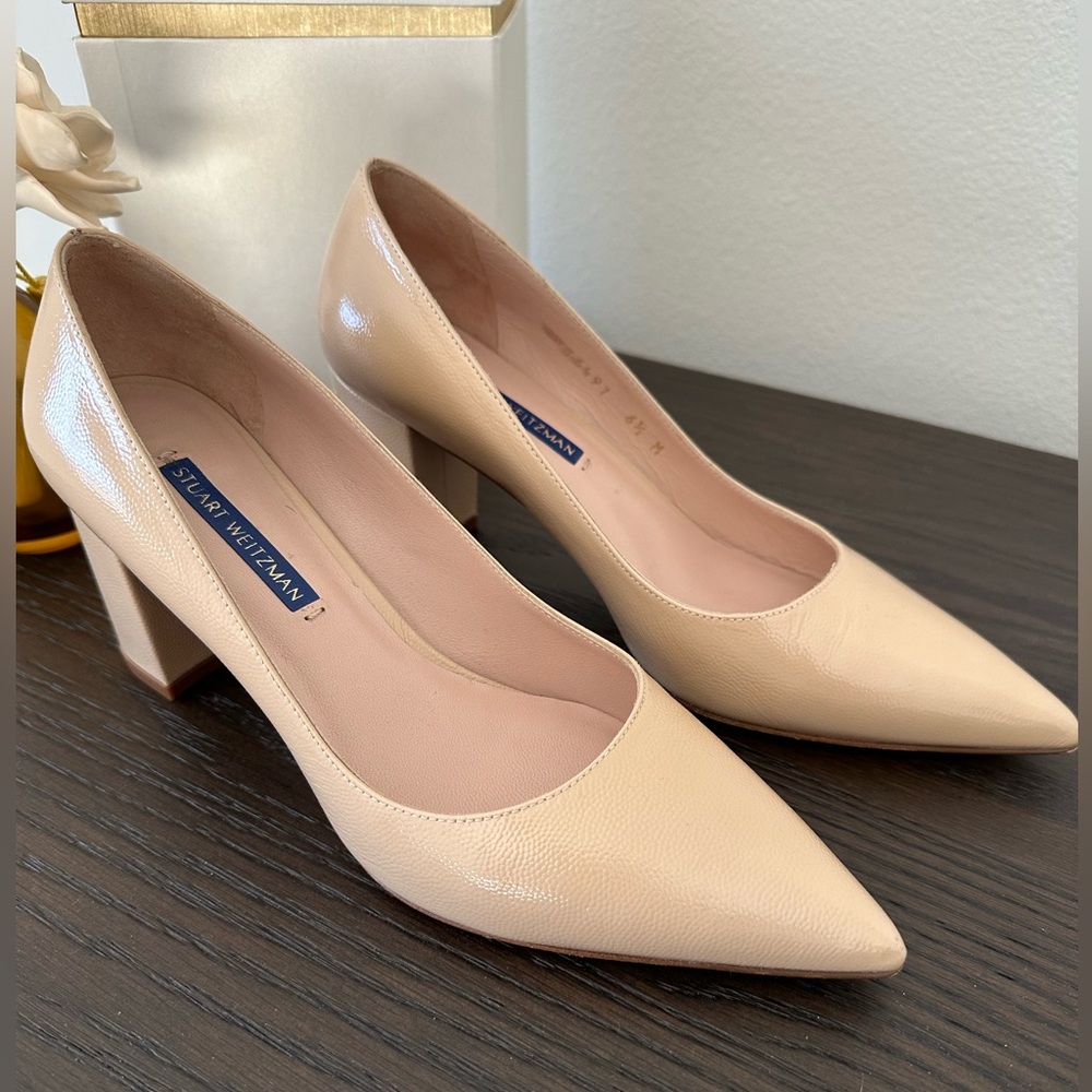 Stuart Weitzman leather neutral beige block heel pointed toe pumps - Picture 7 of 9